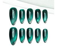 Sun&Beam Nails Handmade Medium Long Almond Green False Nail Tips with Cute Magnetic Popular Charm Design Press On Nails 10 Pcs (#42 S)