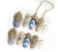 Sun&Beam Nails Handmade Medium Long Oval Blue Gold False Nail Tips with Cute 3D Diamond Popular Charm Design Press On Nails 10 Pcs (#75 L)