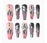 Sun&Beam Nails Handmade Press-on Long Coffin Ballerina Pink Black Sliver Gradation Y2K 3D Cyberpunk Design False Nail Tips 10 Pcs (#139 L)