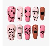 Sun&Beam Nails Handmade Press-on Long Coffin Nails Brown White Black Pink False Nail Tips Hand-drawn Cat Design Fashionable 10 Pcs Set (#158 L)