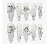 Sun&Beam Nails Handmade Press-on Long Pointed Nails Silver Black Butterfly Attached False Nail Tips Design Fashionable 10 Pcs Set (#156 M)