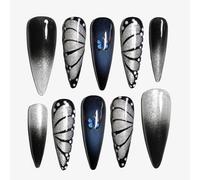 Sun&Beam Nails Handmade Press-on Long Pointed Nails Silver Black Butterfly Gray False Nail Tips Design Fashionable 10 Pcs Set (#160 M)