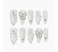 Sun&Beam Nails Handmade Press-on Medium Long Amlond White Silver Mermaid Rhinestone Butterfly Design False Nail Tips 10 Pcs (#020 XS)