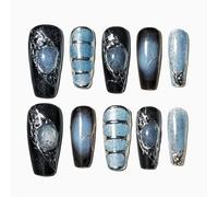 Sun&Beam Nails Handmade Press-on Medium Long Coffin Ballerina Blue Sliver Black Y2K Gradation Design False Nail Tips 10 Pcs (#138 L)