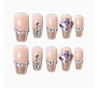 Sun&Beam Nails Handmade Press-on Medium Long Coffin Ballerina Nude Gold French Rhinestone Design False Nail Tips 10 Pcs (#136 L)