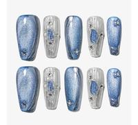 Sun&Beam Nails Handmade Press-on Medium Long Coffin Nails Silver White Blue False Nail Tips Design Baroque Style Fashionable 10 Pcs Set (#154 XS)