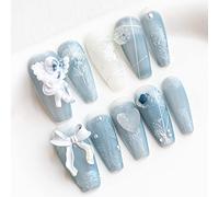 Sun&Beam Nails Handmade Press On Nail Coffin Ballerina 3D Accessories Blue Acrylic Fake Tip Design Art Charms Cute with Storage Box 10 Pcs (#008 S)
