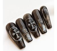 Sun&Beam Nails Handmade Press On Nail Long Coffin Ballerina Black Cross Acrylic Fake Tip 3D Design Art Charms Cute with Storage Box 10 Pcs(#003 L)