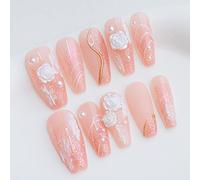 Sun&Beam Nails Handmade Press On Nail Long Coffin Ballerina Pink Flower Acrylic Fake Tip 3D Design Art Charms Cute with Storage Box 10 Pcs (#002 S)