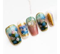 Sun&Beam Nails Handmade Press On Nail Medium Long Coffin Ballerina Green Flower Painting Fake Tip 3D Design Art Charms Cute with Storage Box 10 Pcs (#013 M)