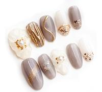 Sun&Beam Nails Handmade Press On Nail Medium Long Oval Grey Golden Flower Pearl Fake Tip 3D Design Art Charms Cute with Storage Box 10 Pcs (#014 M)