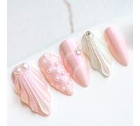 Sun&Beam Nails Handmade Press On Nail Medium Short Almond Oval Pink White Pearl Shell Fake Tip 3D Design Art Charms Cute with Storage Box 10 Pcs (#011 M)