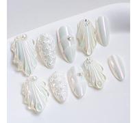 Sun&Beam Nails Handmade Press On Nail Medium Short Almond Oval White Pearl Shell Fake Tip 3D Design Art Charms Cute with Storage Box 10 Pcs (#030 XS)
