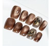 Sun&Beam Nails Handmade Press On Nail Medium Short Camellia Magnetic Cat Eye Fake Tip 3D Design Art Charms Cute with Storage Box 10 Pcs (#35 S)