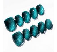 Sun&Beam Nails Handmade Press On Nail Medium Short Green Magnetic Cat Eye Fake Tip 3D Design Art Charms Cute with Storage Box 10 Pcs (#36 XS)