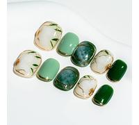 Sun&Beam Nails Handmade Press On Nail Medium Short Green White Flower Jasmine Fake Tip 3D Design Art Charms Cute with Storage Box 10 Pcs (#33 S)