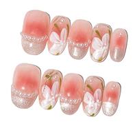 Sun&Beam Nails Handmade Press On Nail Medium Short Oval Pink Flower Peach Blossom Fake Tip 3D Design Art Charms Cute with Storage Box 10 Pcs (#001 S)