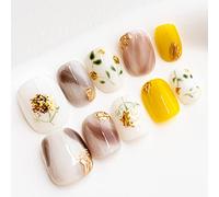 Sun&Beam Nails Handmade Press On Nail Short Round Hand-painted Golden Flowers Acrylic Fake Tip Design Art Charms Cute with Storage Box 10 Pcs (#005 S)