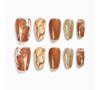 Sun&Beam Nails Handmade Press-on Short Coffin Ballerina Brown Gold White Amber Gradients Design False Nail Tips 10 Pcs (#134 XS)