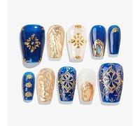 Sun&Beam Nails Handmade Press On Short Coffin Blue Golden Cross Bohemia Design Charming Cute False Nail Tips 10 Pcs (#102 L)
