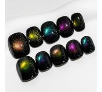 Sun&Beam Nails Handmade Press-On Short Round with Black Colorful Magnetic Design Charm Cat Eye Cute False Nail Tips 10 Pcs (#91 M)