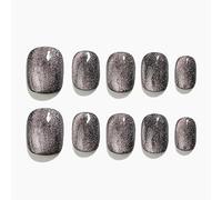 Sun&Beam Nails Handmade Press-On Short Round with Black Pink Cat Eye Design Charm Cute False Nail Tips 10 Pcs (#108 XS)