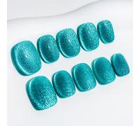 Sun&Beam Nails Handmade Press On Short Round with Nile Blue Cat Eye Design Charm Cute False Nail Tips 10 Pcs (#93 M)