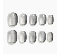 Sun&Beam Nails Handmade Press-On Short Round with Silver Cat Eye Design Charm Cute False Nail Tips 10 Pcs (#107 XS)