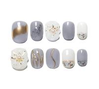 Sun&Beam Nails Handmade Press-on Short Square Round Flower Artistic Gold White Hand-drawn Design Fashionable False Nail Tips 10 Pcs Set (#166 L)