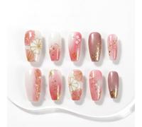 Sun&Beam Nails Handmade Press On Uñas Forma Trapezoidal Mediana Nude Rosa Blanco Oro Flores Brillante Medio 10 Unidades Reutilizables para Diario y Fiesta (#309 XS)