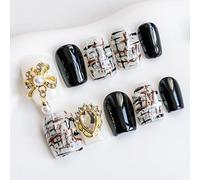 Sun&Beam Nails Handmade Short Medium Square Black False Nail Tips with Cute 3D Ribbon Pearl Popular Charm Design Press On Nails 10 Pcs (#47 S)