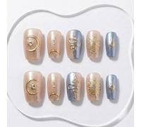 Sun&Beam Nails Hecho a mano Press-On Short Square Nude Rosa (#306 M) | Rosa nude con diseño de luna y estrella, color azul y rosa con detalles dorados y acabado brillante en juego de 10 piezas