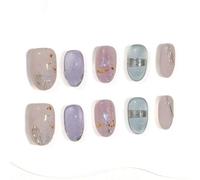 Sun&Beam Nails Nails cortos redondos hechos a mano, color rosa (#292 S) | Rosa nude con lila y azul claro, brillo fino y acentos de papel de aluminio en juego de 10 piezas
