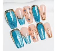 Sun&Beam Nails Press on Medium Long Coffin Ballerina Blue Gold Nude Fashion Artificial False Nail Tips 10 Pcs Set (#082 XS)