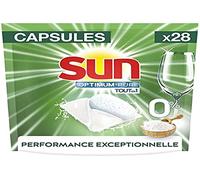 Sun Cápsulas para lavavajillas Optimum Pure todo en 1 0% x 28, 0% colorantes, fosfatos y perfumes, vajilla brillante e impregnable, ingredientes naturales, limpieza y brillo, 28 pastillas
