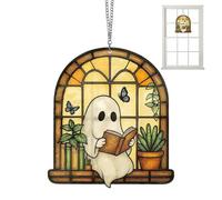 Sun Catcher, Spooky Light Catcher Reading Book Design, 3.9inches Ghost Rainbow Window Decor for Halloween, Christmas, Garden, Car Balcony, Aesthetic Sign Art Home Offices Classroom