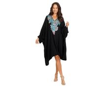 SUN-ROSE FASHIONS Kaftán Bordado en Tela Suave y Transpirable - Talla Única | Kaftán de Playa | Kaftán de Fiesta (FR/ES, Letras, Talla única, Grande, Regular, Negro 1)