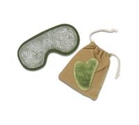 Sun & Sia Gua Sha Jade Masajista Cara Verde + Máscara Ojos Calientes/Fríos Naturales, Guasha Masaje Facial Anti-Edad + Masajista Relajante Anticuerrano Que Alivia Las Migrañas