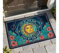 Sun Welcome - Tapete de puerta de bienvenida bohemio con luna tropical, hibisco, verano, azul, antideslizante, para el hogar, interior, exterior, entrada, porche, decoración de 29 x 17 pulgadas