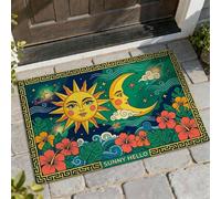 Sun Welcome - Tapete para puerta con diseño de luna tropical y hibisco, color amarillo, lavable, de perfil bajo, decoración al aire libre para puerta delantera, entrada, patio, 29 x 17 pulgadas
