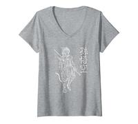 Sun Wukong Monkey King Caracteres Chinos Letras Camiseta Cuello V, Mujer, Gris Jaspeado, L