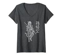 Sun Wukong Monkey King Caracteres Chinos Letras Camiseta Cuello V, Mujer, Jaspeado Oscuro, XL