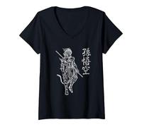 Sun Wukong Monkey King Caracteres Chinos Letras Camiseta Cuello V, Mujer, Negro, L