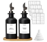 sunal Botellas dispensadoras de aceite de oliva con bandeja, juego de 2 dispensadores de aceite de oliva negro, 350 ml, juego de dispensador de aceite y vinagre de vidrio para cocina con vertedor