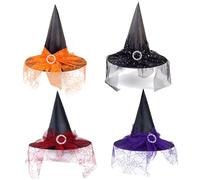 SunaOmni 4 piezas de sombrero de bruja para niños, de encaje, para Halloween, con hebilla redonda pequeña brillante para decoración, disfraz de bruja para Halloween, fiesta de cosplay, sombrero de