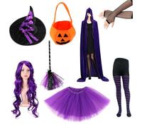 SunaOmni Disfraz de bruja, divertido disfraz gótico de bruja para mujer, incluye peluca, sombrero, capa, escoba, zapatos, medias a rayas y vestido para mujeres y niñas, accesorios de fiesta de cosplay