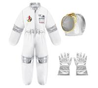 SunaOmni Disfraz de Halloween blanco de poliéster con guantes y casco, mono espacial con bandas elásticas y 6 calcomanías de bandera, disfraces de Halloween para niños y niñas, talla S para niños