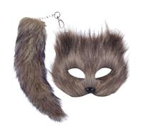 SunaOmni Juego de 2 máscaras y cola de zorro, pelo de zorro sintético, máscara de Halloween esponjosa de media cara con llavero de cola para bailes de máscaras, Halloween, cosplay, equipo Therian gris