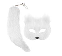 SunaOmni Juego de 2 máscaras y cola de zorro, pelo de zorro sintético, máscara de Halloween esponjosa de media cara con llavero de cola para bailes de máscaras, Halloween, cosplay, equipo Therian