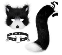 SunaOmni Juego de 3 piezas de máscara y cola de zorro peludo incluye máscara esponjosa, guantes de pata y collar de gargantilla, disfraz de Halloween para fiesta de disfraces, cosplay, orejas y orejas